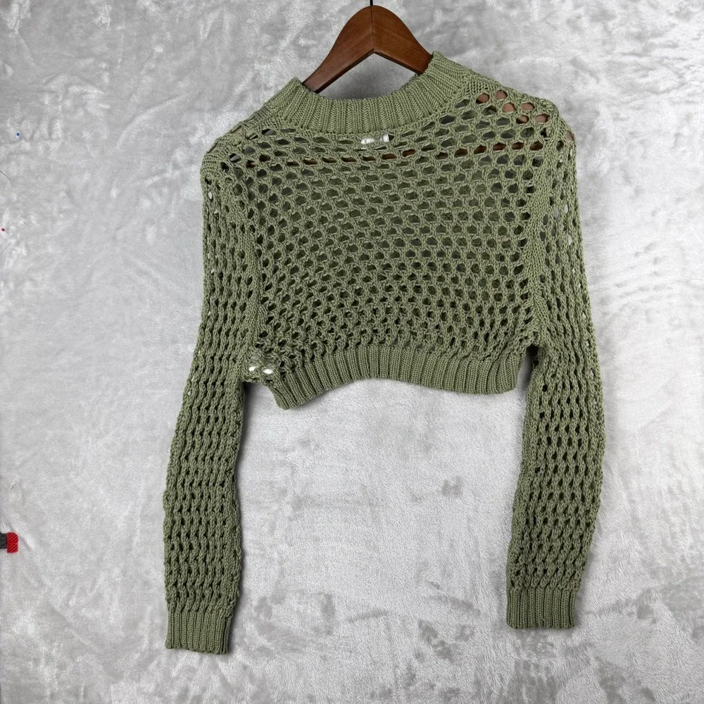 Green Crochet Knit Mock Neck Long Sleeve Crop Sweater Top L Fall‎ photo